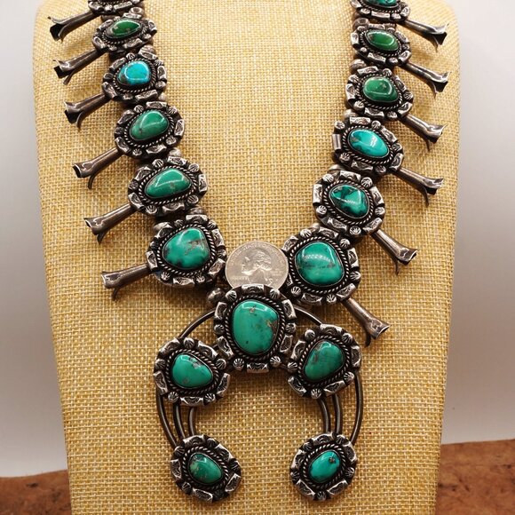 Unique Vintage Native Navajo Turquoise Squash Blossom Ornate Silver Necklace 27" - Picture 8 of 13